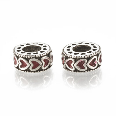 

Alloy European Beads Large Hole Beads with Enamel Flat Round with Heart Antique Silver DarkRed 115x5mm Hole 5mm