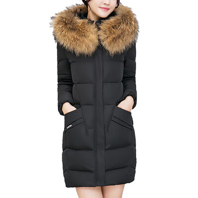 

Toponeto Women Hooded Outwear Coat Long Thick Faux Fur Collar Cotton Parka Slim Jacket