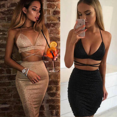 

Women Sexy 2 Piece Bodycon Two Piece Crop Top&Skirt Set Bandage Party Dress