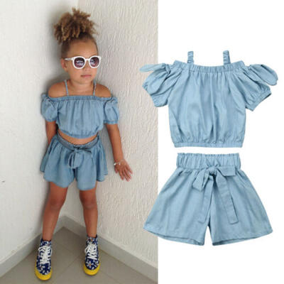 

Toddler Kids Baby Girl Off Shoulder Crop Top Denim Short Pants Clothes Outfit US