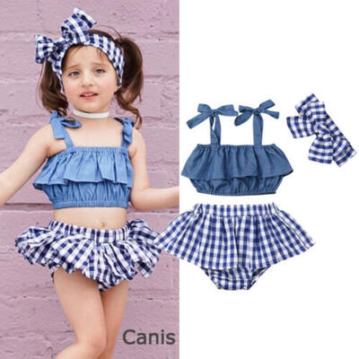 

US 3PCS Infant Baby Girl Clothes Strap Ruffle Vest Tops Plaids Skirt Outfit 0-3Y