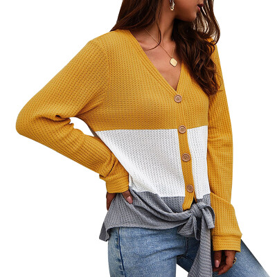 

V-neck Contrast Color Stitching V-neck Long-sleeved Button Slim Sweater