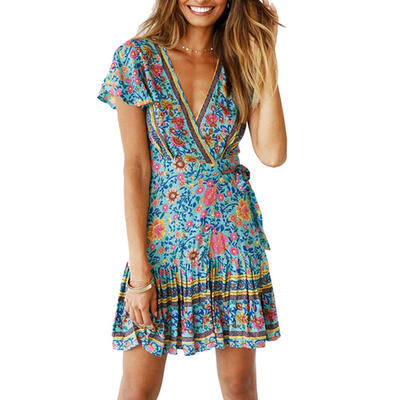 

Women V Neck Floral Print Dress Short Sleeve Beach Boho Summer Mini Dress