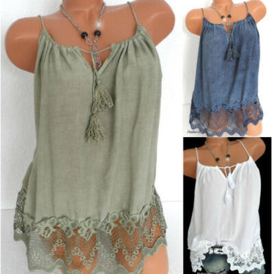 

Women Lace Sleeveless Vest Tank Tops Ladies Loose V-Neck Camisole Blouse T-Shirt