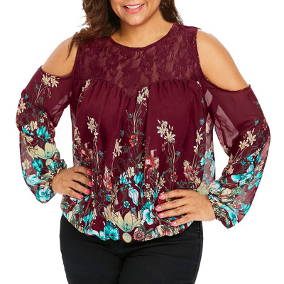 

Roseonmyhand Fashion Women Cold Shoulder Long Sleeve Plus Size Lace Floral Print Blouse Tops