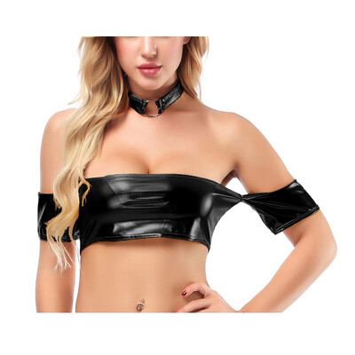 

Womens Shiny Wetlook Tops Sexy Slim Fit Off Shoulder Clubwear Nightclub Bandeau