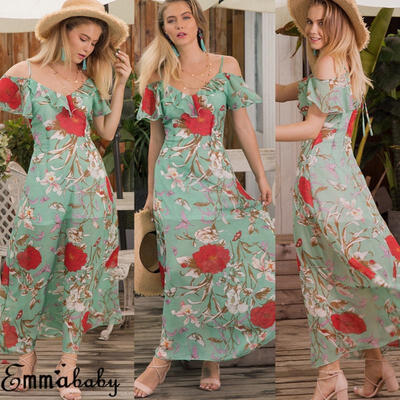 

Women Boho Floral Chiffon Maxi Dress Holiday Party Off Shoulder Long Sundress