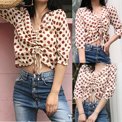 

Starmoon Fashion Women Top Wave Dot Printing Half Sleeve V-Neck Navel Exposed Blouse