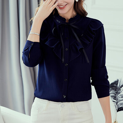 

Starmoon Women Work Office Long Sleeve Bow Tie Ruffles Solid Chiffon Blouse Tee Shirt Top