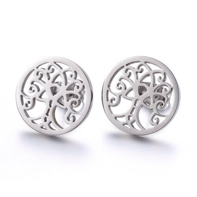 

304 Stainless Steel Stud Earrings Flat Round with Tree of Life Stainless Steel Color 15x12mm Pin 08mm