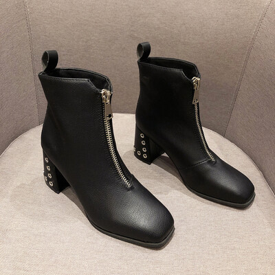 

Thick-heeled short boots women fall retro front zipper square high heels short cylinder Martins boots ins