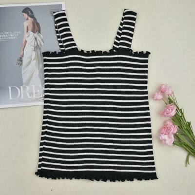 

Womens Sleeveless Ruffles Striped Pullover Knitted Tank Top