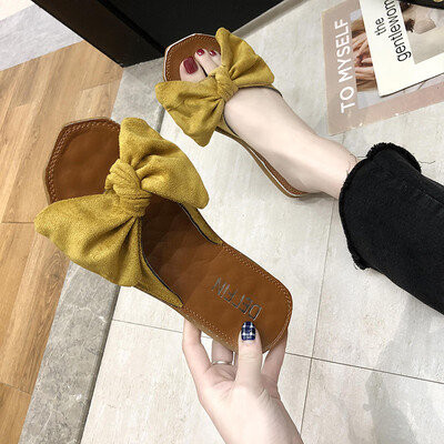 

Shoe Womans Summer Korean Version Butterfly Knot Flat Bottom Society Outside Wearing Cold Slippers Chic Slippers