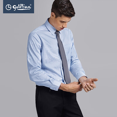 

Jinlilai 2018 autumn new mens liquid ammonia easy to hot cotton pinstripes business dress long-sleeved shirt in the blue