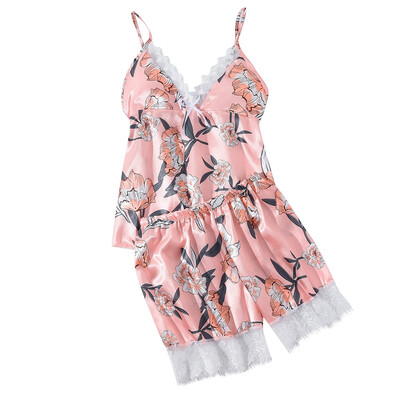 

Toponeto Women Satin Flower Print Silk Lingerie Bow Lace Pajamas Sleepwear Shorts Suit