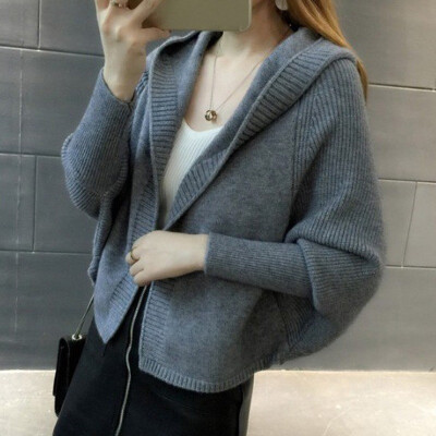 

Korean Style Women Cardigans Fashion Warm Knitted Autumn Winter Short sweater Hooded Cardigan