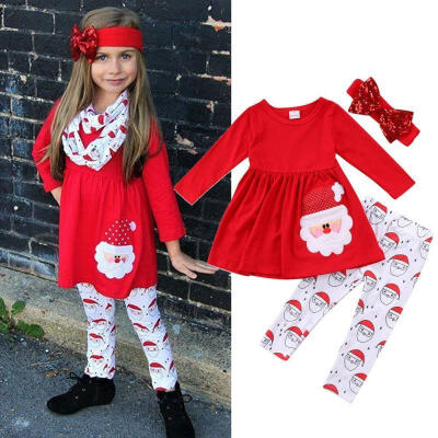 

Christmas Kids Santa Baby Girls Outfits Clothes T-shirt Tops DressPants Leggings Set