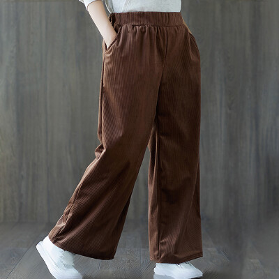 

2019 Women Elastic Waist Casual Solid Wide Leg Trousers Cotton Loose Pants Plus