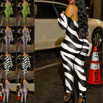 

Sexy Women Leopard Print Off Shoulder Jumpsuit Romper Long Sleeve Party Clubwear