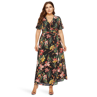 

Plunge Neck Short Sleeve Floral Print Belted Plus Size Women Maxi Dress