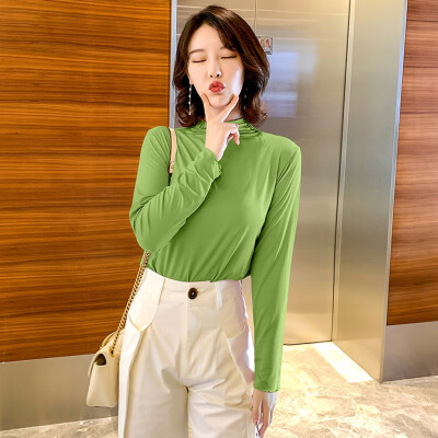 

Tailored Fashion Women Top High Collar Pure Color Elegant Long Sleeve Casual Blouse