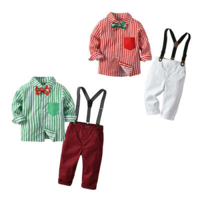 

Kids Baby Boys Christmas Suit Stripe Printing TopsSuspender Pants Outfits Set