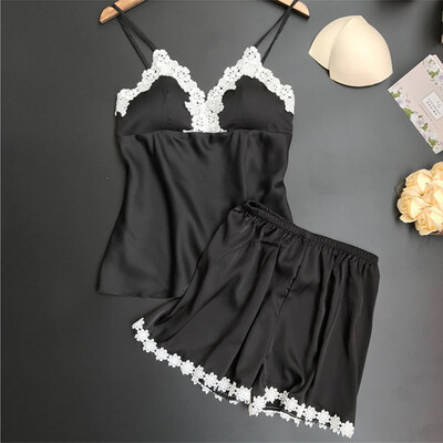 

Summer Women Sexy Lace Pajamas Silk Pijamas Sleepwear Deep V Sling Lingerie Set