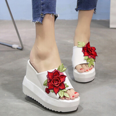 

Rose Women Thick-Bottom Sloped Slippers Embroidered High-Heeled Wedges Platform Shoes