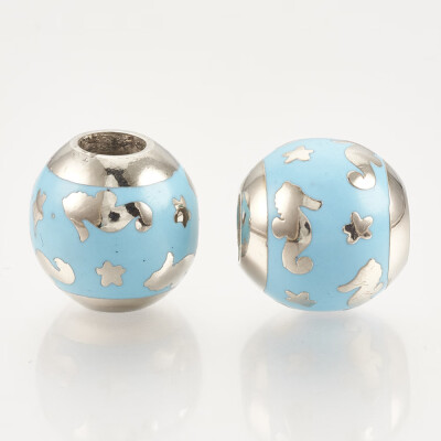 

Brass Enamel European Beads Large Hole Beads Rondelle with Sea Horse LightSkyBlue Real Platinum Plated 14x135mm Hole 5mm