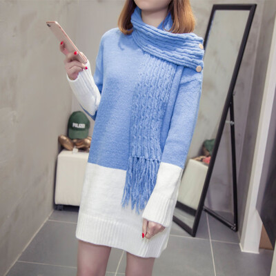 

〖Follure〗Women Long Sleeve Scarf Collat Solid Splicing Sweater Dress With Buttons