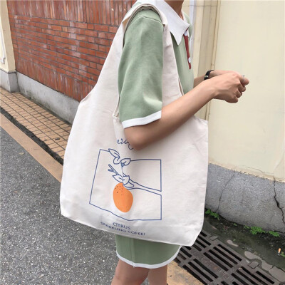 

Women&39S Fashion Canvas Fruit Illustration Shoulder Bag Tote Bag Large Capacity Shopping Bags Female Bags