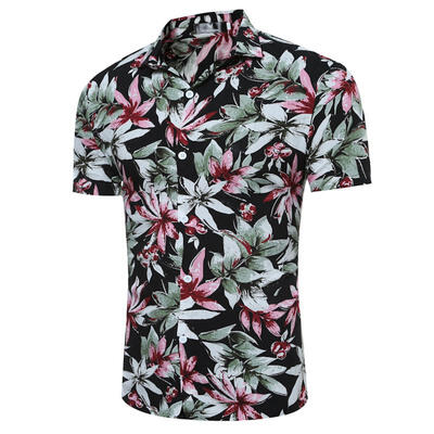 

Mens Summer Floral Printed Short-Sleeved Slim Shirt Hawaiian Beach Casual Shirt
