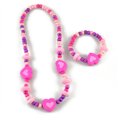 

1 Set Girls Pink Wooden Lovely Smile Beaded Necklace & Bracelet Kids Jewelry