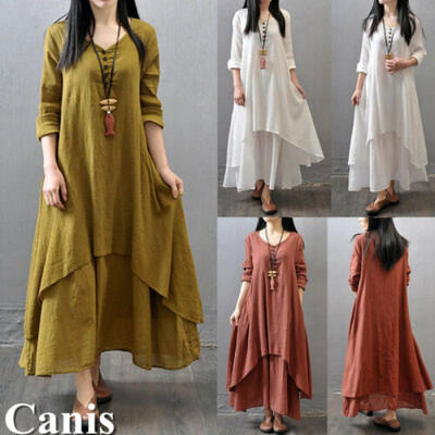 

Sexy Women Peasant Ethnic Boho Cotton Linen Long Sleeve Maxi Dress Gypsy Dresses