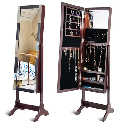 

Standing Armoire Storage Mirrored Jewelry Cabinet w LED Lights -Brown
