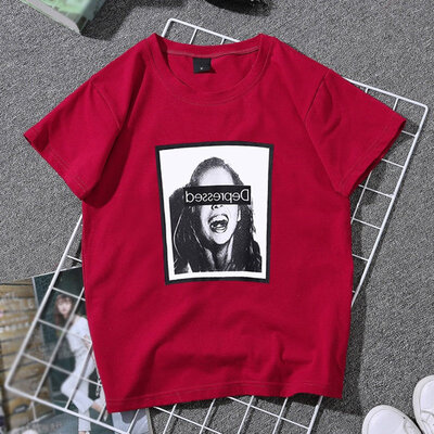 

Womens Korean Style Round Neck Weird Head Portrait Print Short Sleeve Pullover T-Shirt