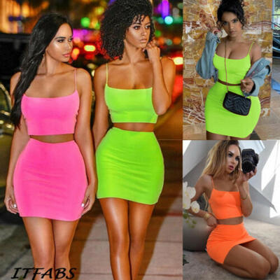 

UK 2pcs Women Holiday Crop Tops Bodycon Skirt Set Ladies Summer Beach Mini Dress