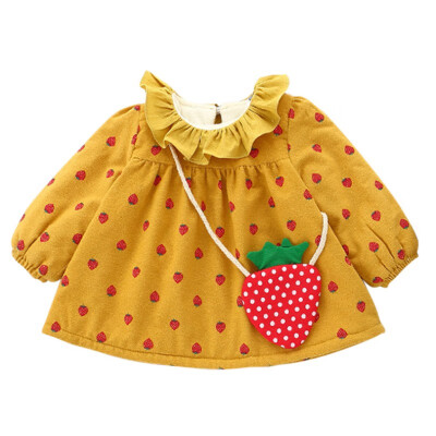 

Autumn&Winter Girls Flowers Printed Dress Vestidos with Strawberry Bag Long Sleeved Cashmere Thicken Dress