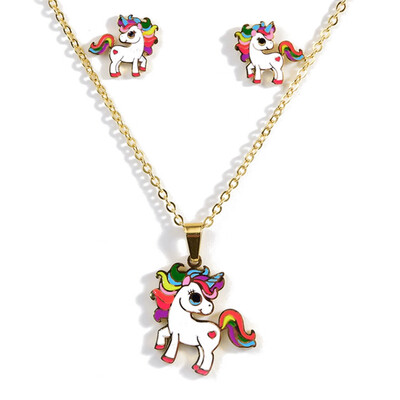 

Colourful Unicorn Necklace Stud Earrings Set Female Temperament Fashion Hypoallergenic Pendant Stud Earrings Festival Gift