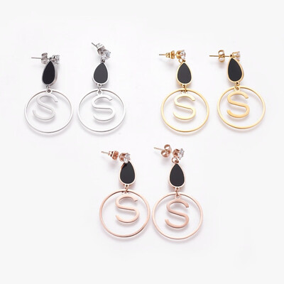 

304 Stainless Steel Dangle Stud Earrings with Enamel&Rhinestone Flat Round with Letter  Mixed Color 50x25mm Pin 07mm