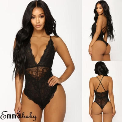 

Womens Sleeveless V Neck Lingerie Bodysuit Lace Leotard Tops Backless Jumpsuits