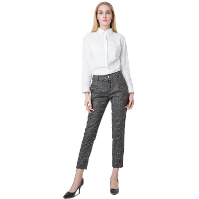 

New Fashion Women Pants Plaid Print Press Stud Closure Slant Pocket Causal Loose Trousers Gray