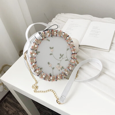 

Joker portable small round bag female 2019 new chic embroidered Sen fairy scarlet bag lace chain shoulder bag