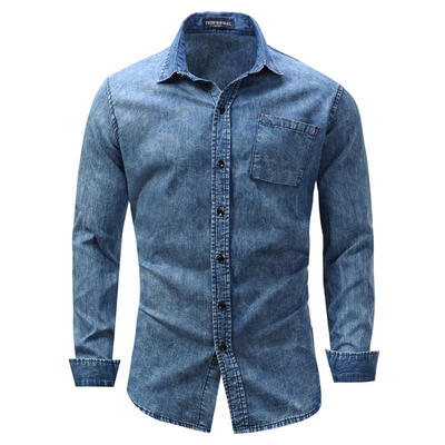 

Mens Long Sleeve Casual Denim Shirt Button Down Turn Over Jean Shirts - Blue