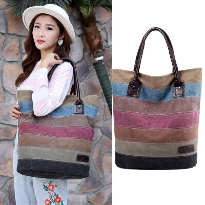 

Vintage Women Men Canvas Handbag Color Block Striped Shoulder Bag Large Capacity Unisex Casual Tote Khaki