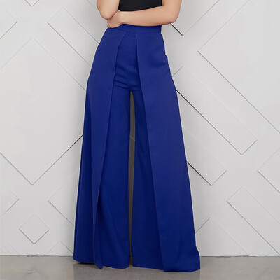 

Womens High Waist Fashion Solid Color Zipper Loose Wide Pants Long Trousers