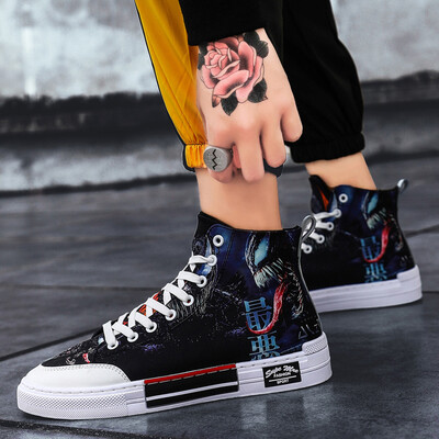 

Autumn high canvas shoes mens flat shoes deodorant breathable student society wild personality graffiti tide shoes mens shoes