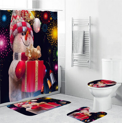 

Tailored 4Pcs Christmas shower Curtain Bathroom Anti-slip Carpet Rug Toilet Cover Mat Set