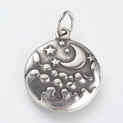 

316 Stainless Steel Pendants Flat Round Carved Pattern Antique Silver 23x20x3mm Hole 5mm