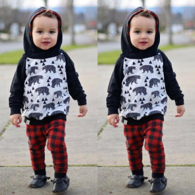 

Toddler Baby Boy Girl 2PCS Autumn Clothes Cartoon Hoodie TopPlaids Pants Outfit